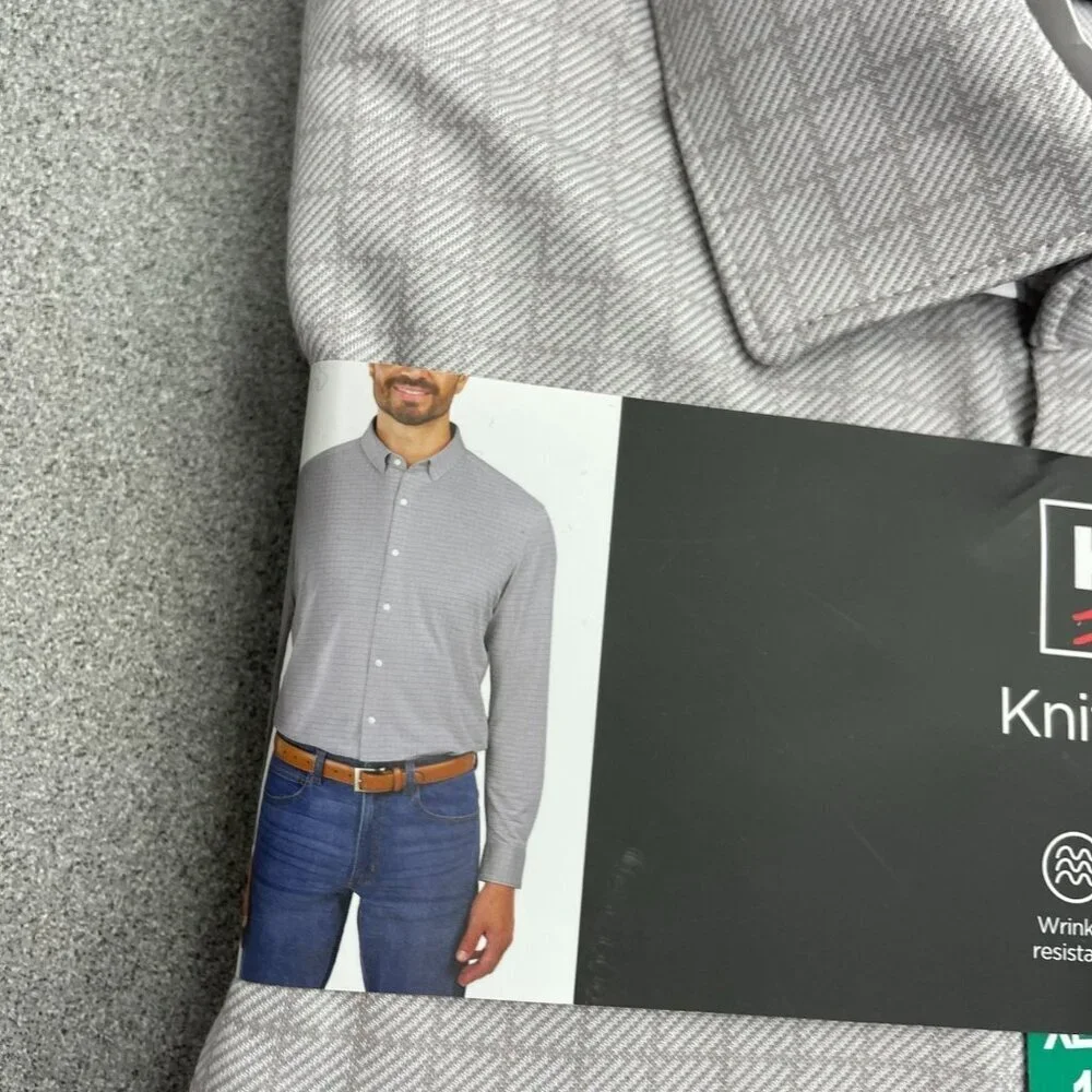 Kirkland Signature Men's XL 17-18 Knit Button-Up Shirt Modern Fit Gray G1892